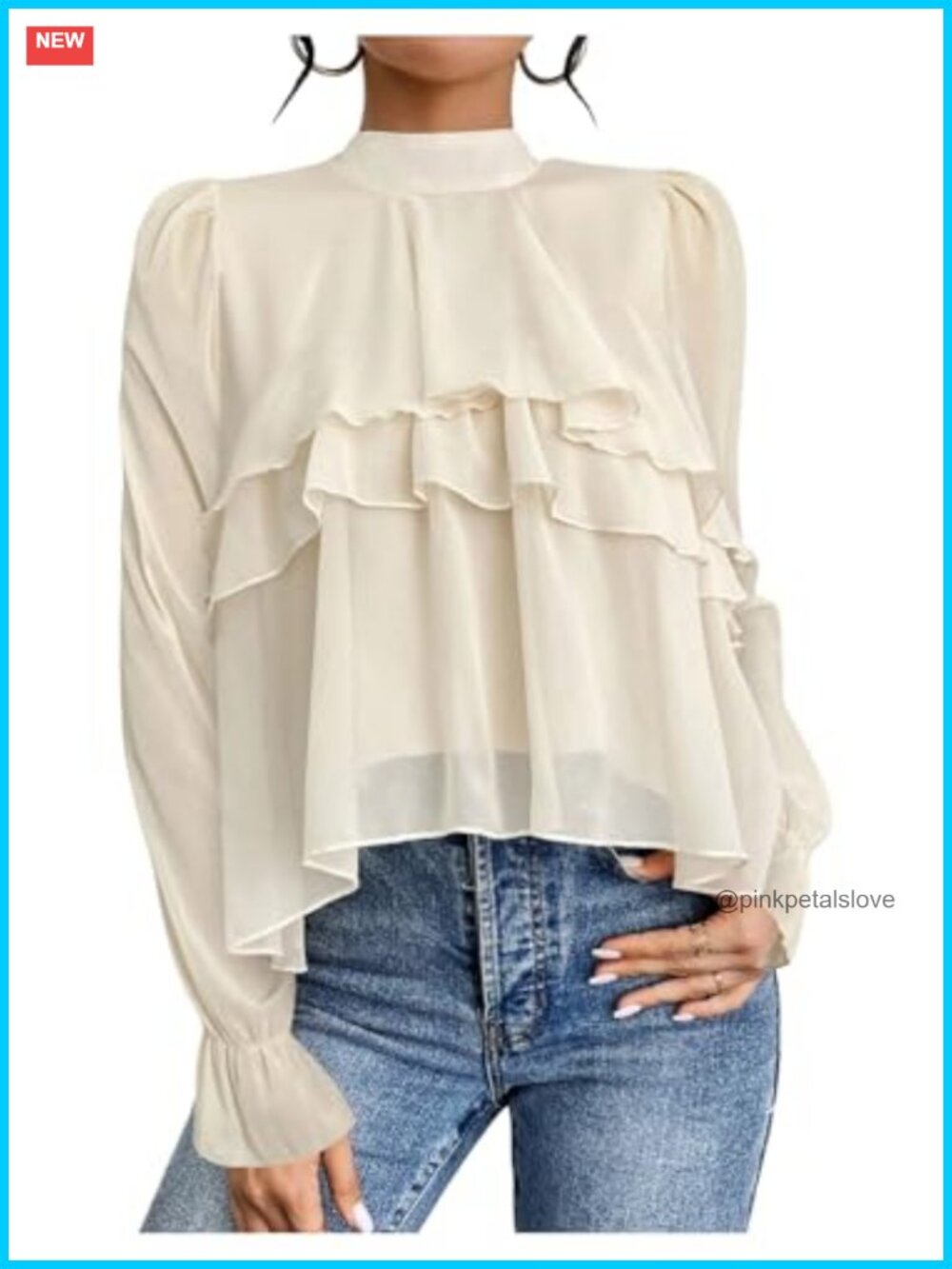 Women's Ruffle Layered Blouse Puff Sleeve Chiffon Flowy Dressy Work Top